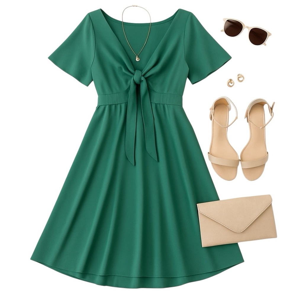 Exlura Green Flutter Sleeve Midi Dress XL Tie-Back High-Low Hem Elastic Waist